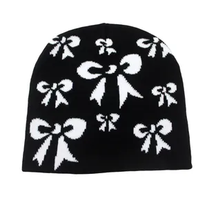 Bonnet en Tricot Jacquard à Nœud Doux pour Femme Hiver Chaud Acrylique Sans Bord Mode Streetwear Décontracté