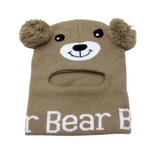 Passamontagna in maglia marrone per bambini con pompon e dettaglio testo Bear