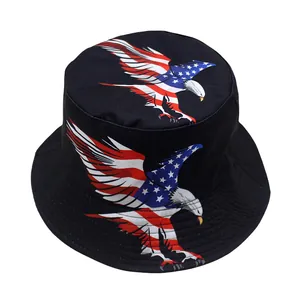 Detailed view of the American flag eagle print on a black cotton bucket hat