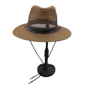 Men's brown breathable straw fedora hat with mesh panel and chin strap for sun protection
