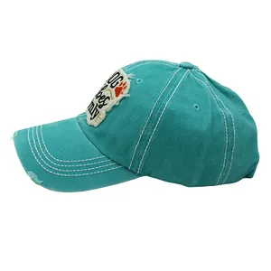 Detailed side view of distressed light blue cotton baseball cap with DOG embroidery