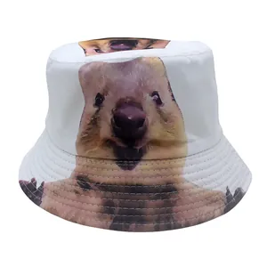 Detail of white bucket hat with high-quality quokka print and stitching details
