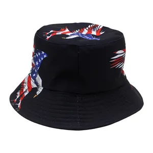Detail of USA flag eagle print on black cotton bucket hat with reinforced stitching