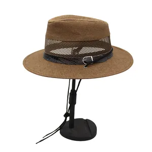 Men's breathable straw fedora hat with mesh ventilation and crocodile pattern leather band
