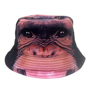 Detailed view of bucket hat featuring realistic animal print and reinforced stitching