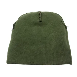Olive green camouflage jacquard knitted beanie hat for outdoor winter skiing warmth
