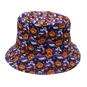 Detail of purple Halloween bucket hat featuring pumpkin, ghost and stars print patterns