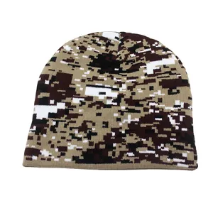 Camouflage knit beanie hat with pixelated digital pattern for outdoor winter warmth