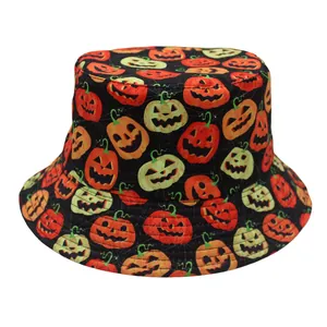 Close-up of Halloween bucket hat with colorful pumpkin patterns and spider web details