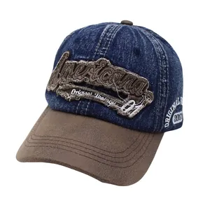 Detail of Americana 3D embroidery and vintage patch on washed denim baseball cap