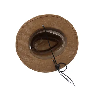 Detail of brown woven sun hat featuring breathable mesh lining and adjustable chin strap