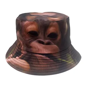 Detail view of high-definition orangutan face print on durable fabric bucket hat