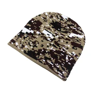 Close-up of digital camouflage jacquard knit beanie with dense fabric texture details