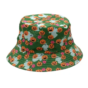 Detail of Halloween bucket hat with pumpkin, ghost, and spider web prints on green canvas