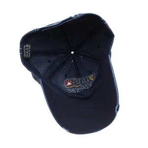 Inside view of navy cotton baseball cap showing 100% cotton label and stitching detail