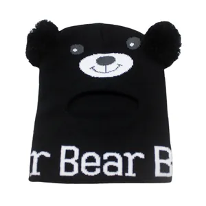 Passamontagna nero per bambini a forma di orso con pompon e scaldacollo alto integrato