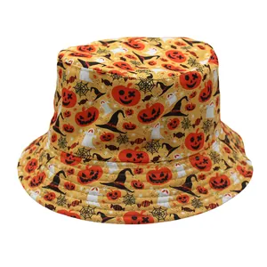 Detailed pattern of Halloween bucket hat with pumpkins ghosts and spider webs