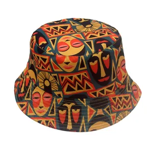 Detail of African tribal mask print on heavy canvas bucket hat with geometric patterns