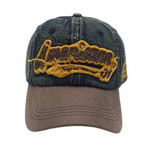 Macro detail of Americana embroidery on washed denim vintage baseball cap with suede brim