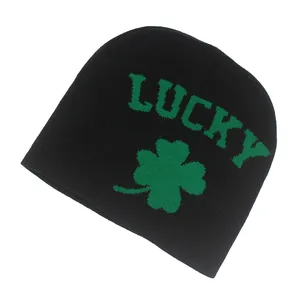 Black beanie with green LUCKY text and four-leaf clover pattern for winter outdoor warmth