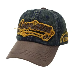 Detail of vintage washed baseball cap featuring 3D Americana embroidery and distressed brim
