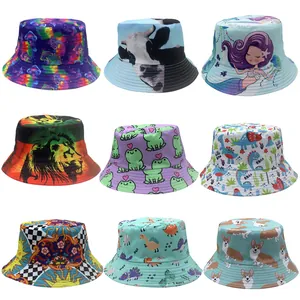 Unisex Reversible Pattern Printed Bucket Hat Outdoor Sun Protection Fisherman Cap With Animal Geometric Floral Prints