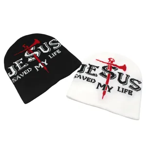 Jesus Saved My Life Knitted Beanie Hat For Men Women Winter Warm Acrylic Jacquard Cross Letter Pattern Brimless Skull Cap Outdoor Everyday Accessory