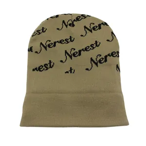 Detailed knit texture of the khaki Nerest jacquard beanie showing the seamless finish