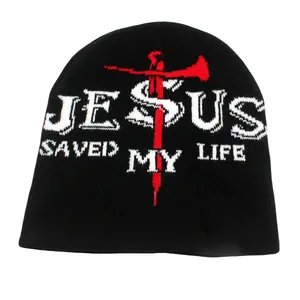 Black knitted beanie with white JESUS SAVED MY LIFE text and a red cross symbol