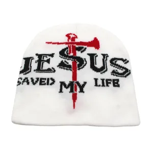 White knitted beanie with Jesus Saved My Life text and red cross nail embroidery