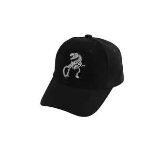Classic black washed cotton baseball cap with white dinosaur skeleton embroidery