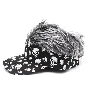 Black visor with white skull patterns and thick grey synthetic hair for party costume