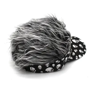 Hip hop baseball cap with skull patterns and grey synthetic hair wig on white background