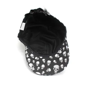 Macro view of interior skull patterns and synthetic hair on the black baseball cap
