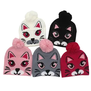 Bonnet en Maille Hiver Chaud pour Enfants Filles Avec Motif Jacquard Chat Mignon et Pompon Doux pour Tout-petits Quotidien