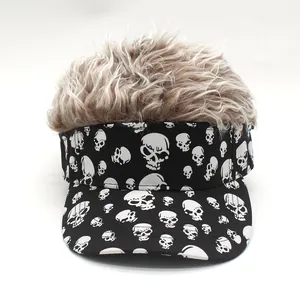 Detail of skull print visor with fluffy light brown synthetic wig hair for costumes