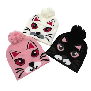 Bonnets tricotés chat avec pompon pour filles en beige, rose et noir
