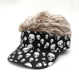 Skull print visor baseball cap with light brown wig hair for Halloween costume