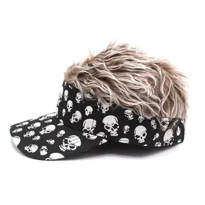 Detail of creative skull print visor cap with synthetic wig hair for Halloween costume