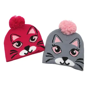 Lot de bonnets tricotés chat pour filles avec pompons, coloris rose et gris automne