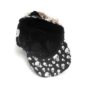 Detail view of cotton baseball cap lining and skull print with brown wig hair