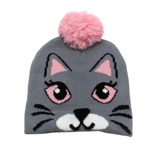 Bonnet en tricot gris pour filles avec pompon rose et motif jacquard chat mignon