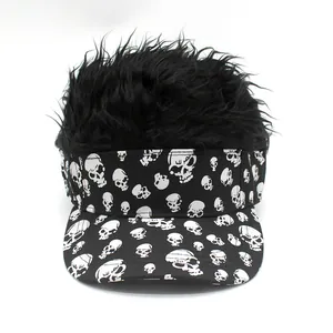 Detail of black skull pattern baseball visor cap featuring long synthetic faux hair wig