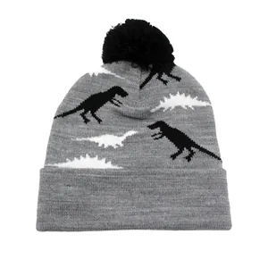 Bonnet en tricot gris pour garçon avec motif dinosaure jacquard et pompon noir doux