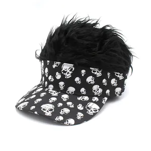 Close-up of hip hop baseball cap with black wig and white skull prints for Halloween