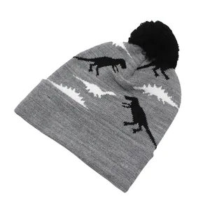 Détail du bonnet en tricot pour enfant gris avec motifs de dinosaures et pompon