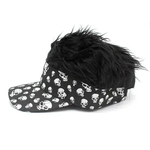 Detail view of the black baseball cap with integrated wig and skull prints