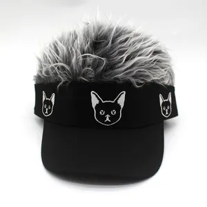 Black visor baseball cap with silver grey wig hair and white cat embroidery