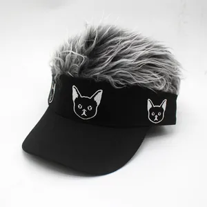 Black visor baseball cap with silver grey hair wig and cat embroidery for sun protection