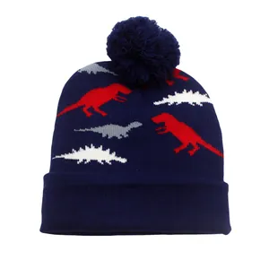 Bonnet en maille bleu marine pour enfants avec motif dinosaure et pompon doux